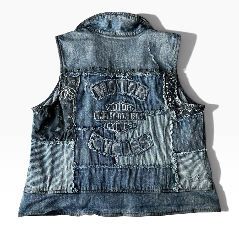 Harley-Davidson Pieced Embellished Patchwork Studded Zip Denim Vest Womens Sz XL